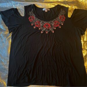 Elegant Black Cold Shoulder with Red Embroidered Roses Size 1x